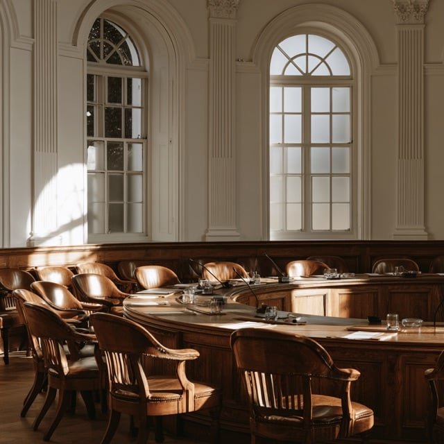 A curved wooden council table with leather chairs under tall arched windows