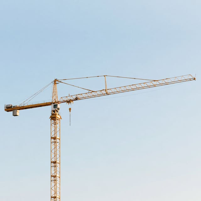 A yellow tower crane against a clear blue sky