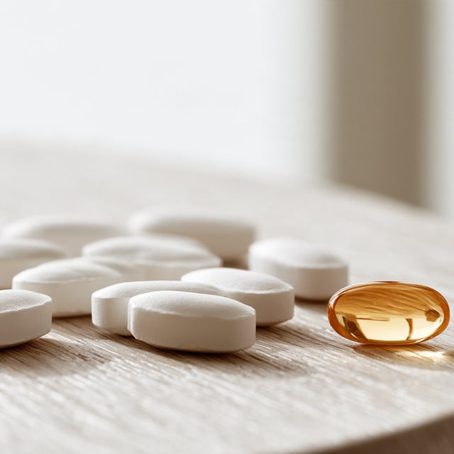 White tablets and an amber capsule on a pale wooden table