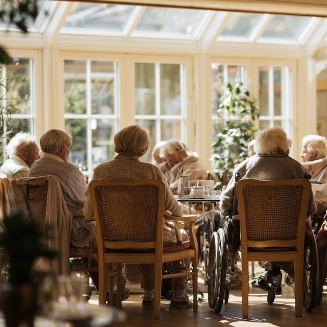 Elderly residents at tables in a sunlit conservatory of a care home