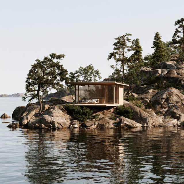 A glass-walled timber cabin on the rocks of an archipelago shore, pines behind
