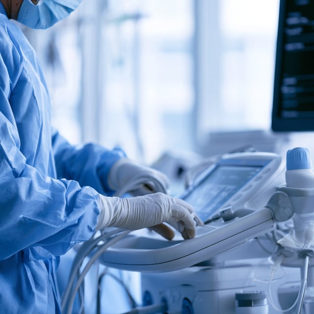 A clinician in blue scrubs and gloves working a medical device