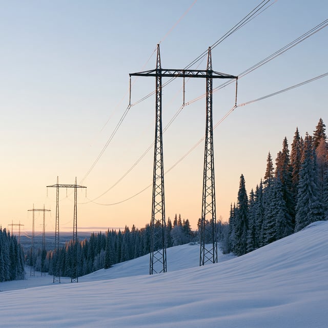 Power line pylons across a snowy slope between spruce forest at dawn