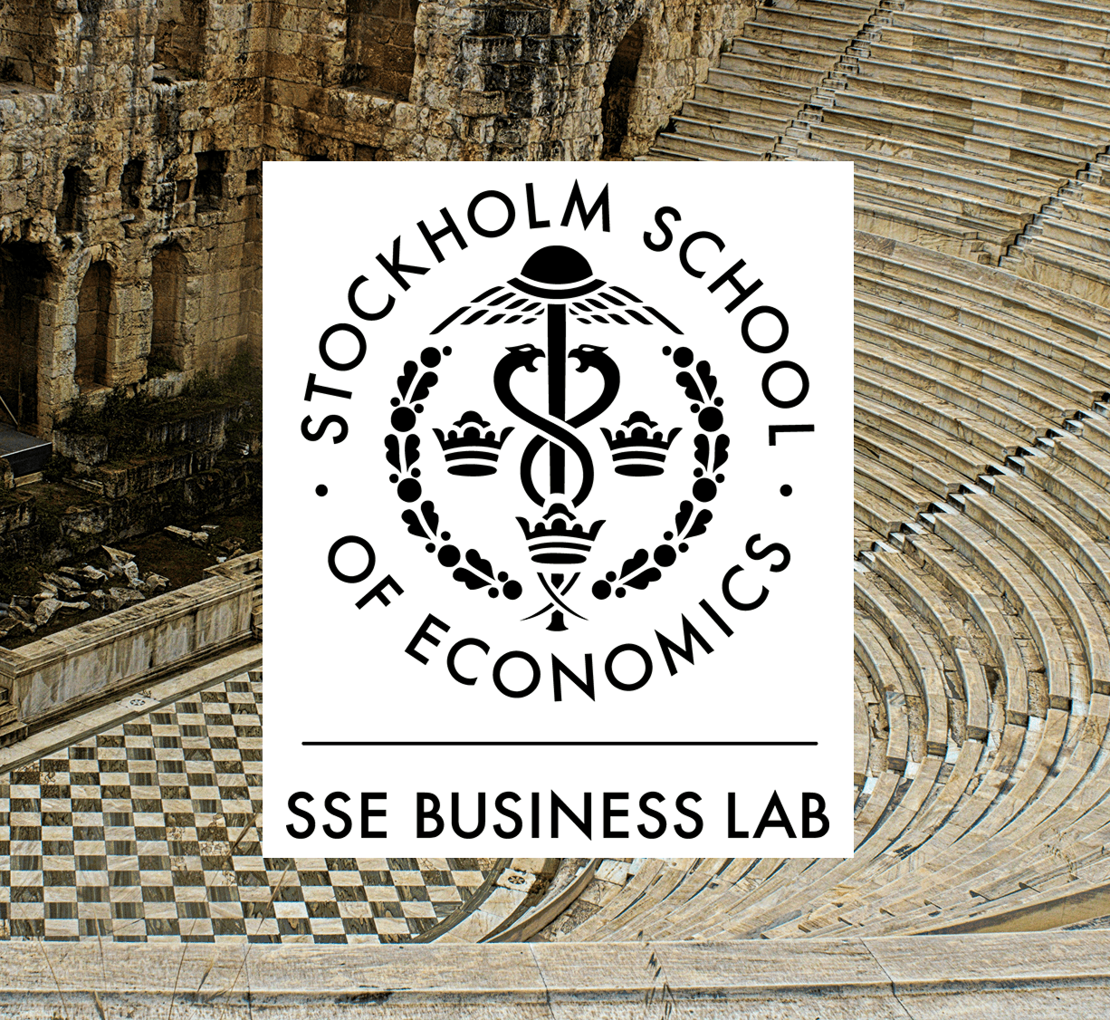 The SSE Business Lab seal of the Stockholm School of Economics over an ancient stone amphitheatre
