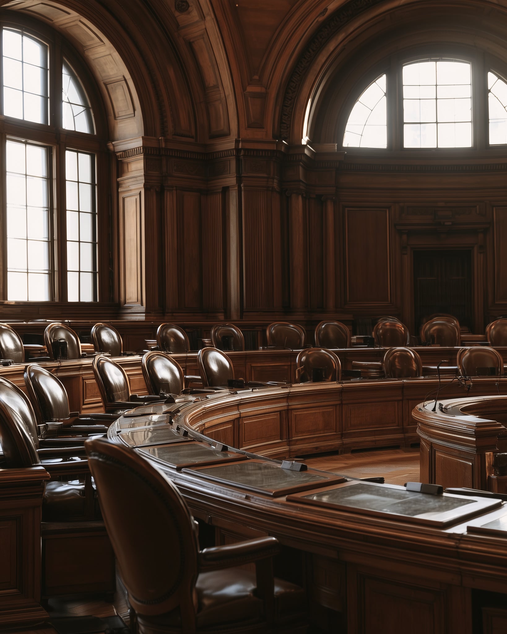 A round council chamber in dark wood, leather chairs around the curved desks under tall window