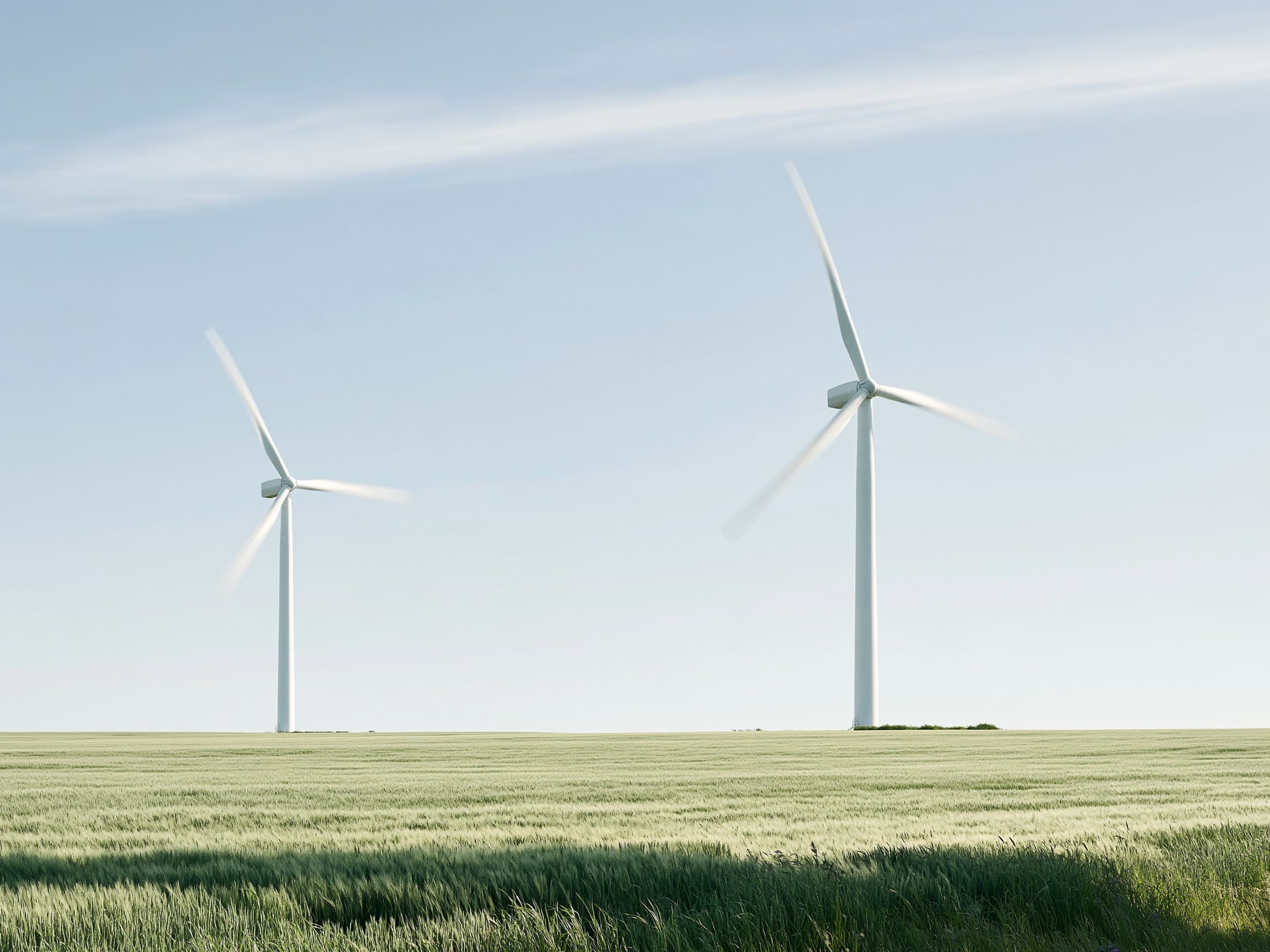 Two wind turbines over a green field under a pale blue sky